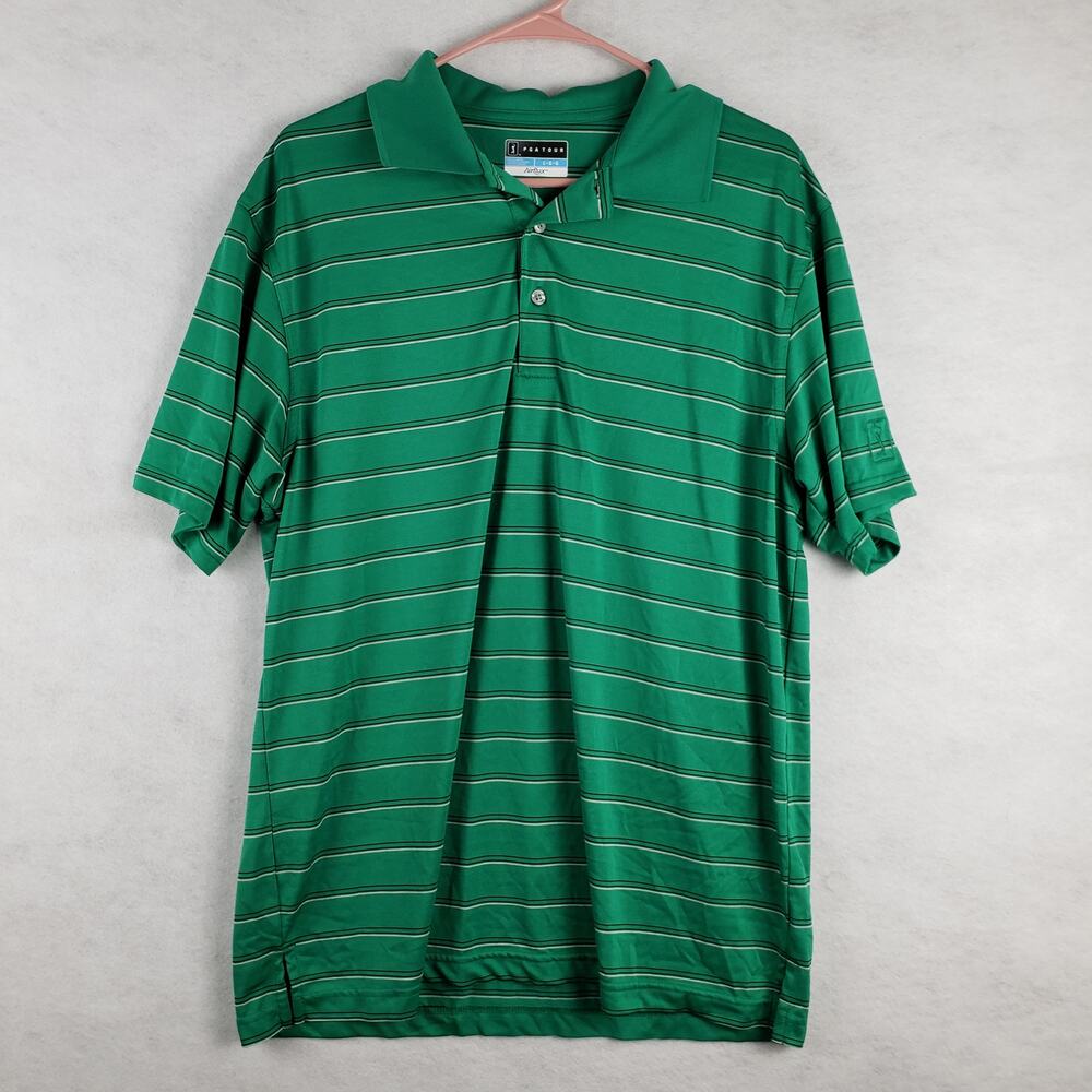 PGA Tour Men's L Golf Polo Shirt‎ Kelly Green Stripe Preppy Sporty Resortwear